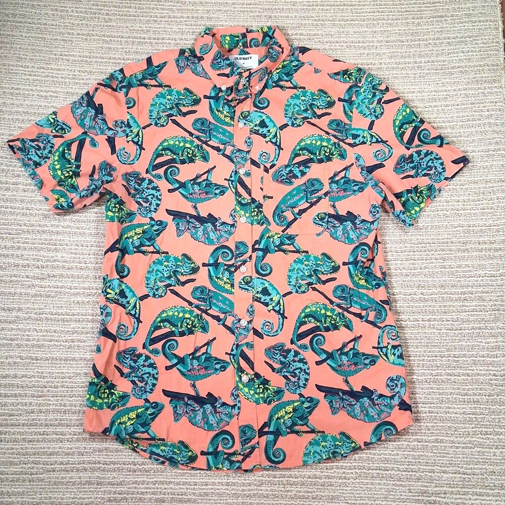 Old Navy Mens M Chameleon Lizard Pink Orange Button Up Short Sleeve Cotton Shirt